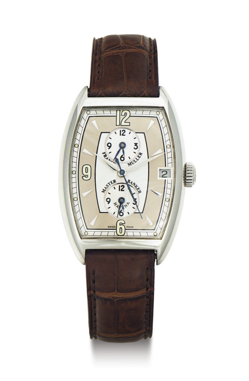 FRANCK MULLER. A STAINLESS STEEL AUTOMATIC TRIPLE TIME ZONE WRISTWATCH WITH DATE AND CENTER SECONDS
