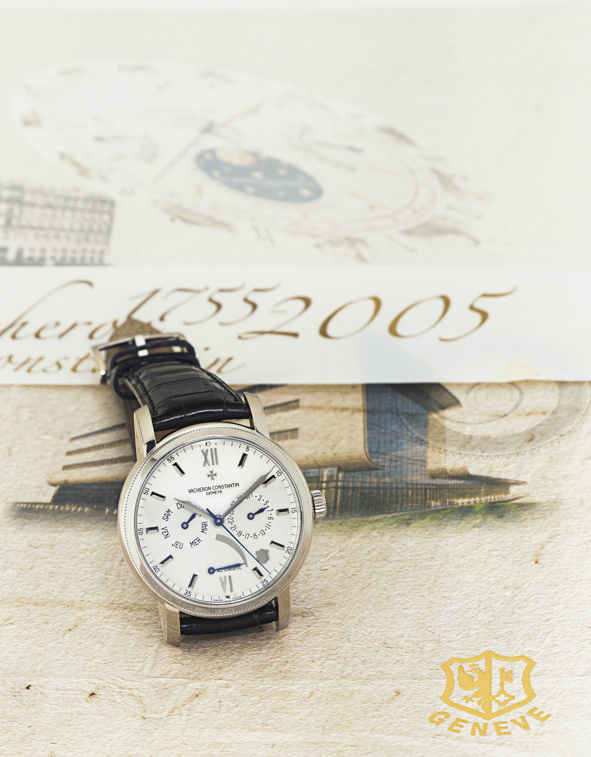 VACHERON CONSTANTIN. A FINE LIMITED EDITION 18K WHITE GOLD AUTOMATIC WRISTWATCH WITH DAY, DATE, POWER RESERVE AND CENTER SECONDS