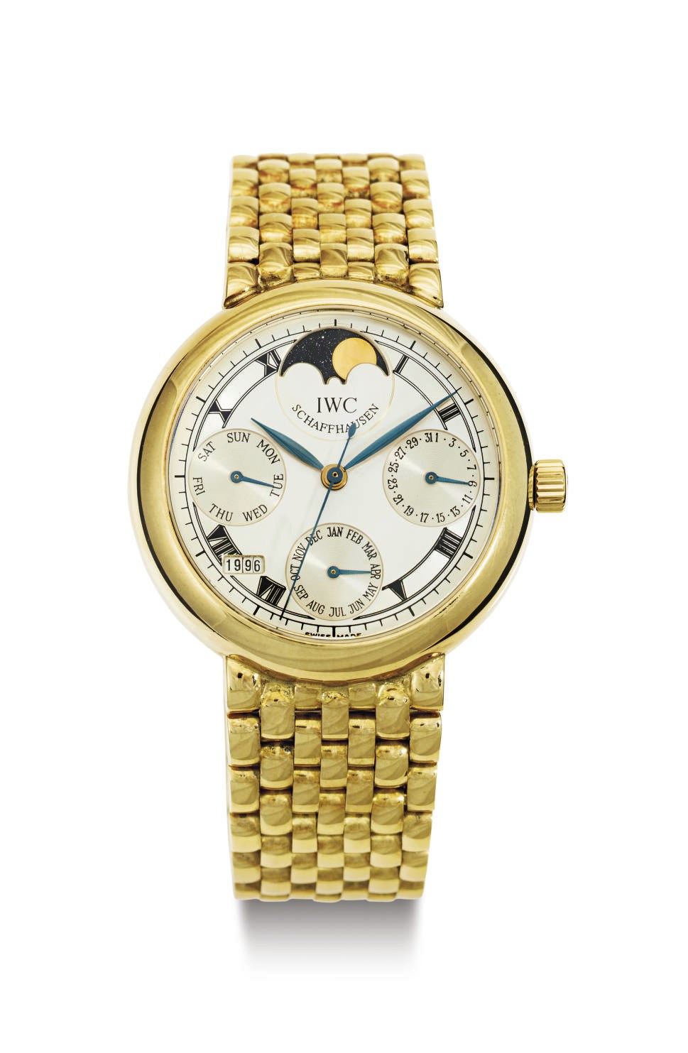 IWC. AN 18K GOLD AUTOMATIC PERPETUAL CALENDAR WRISTWATCH WITH CENTER SECONDS, MOON PHASES AND BRACELET