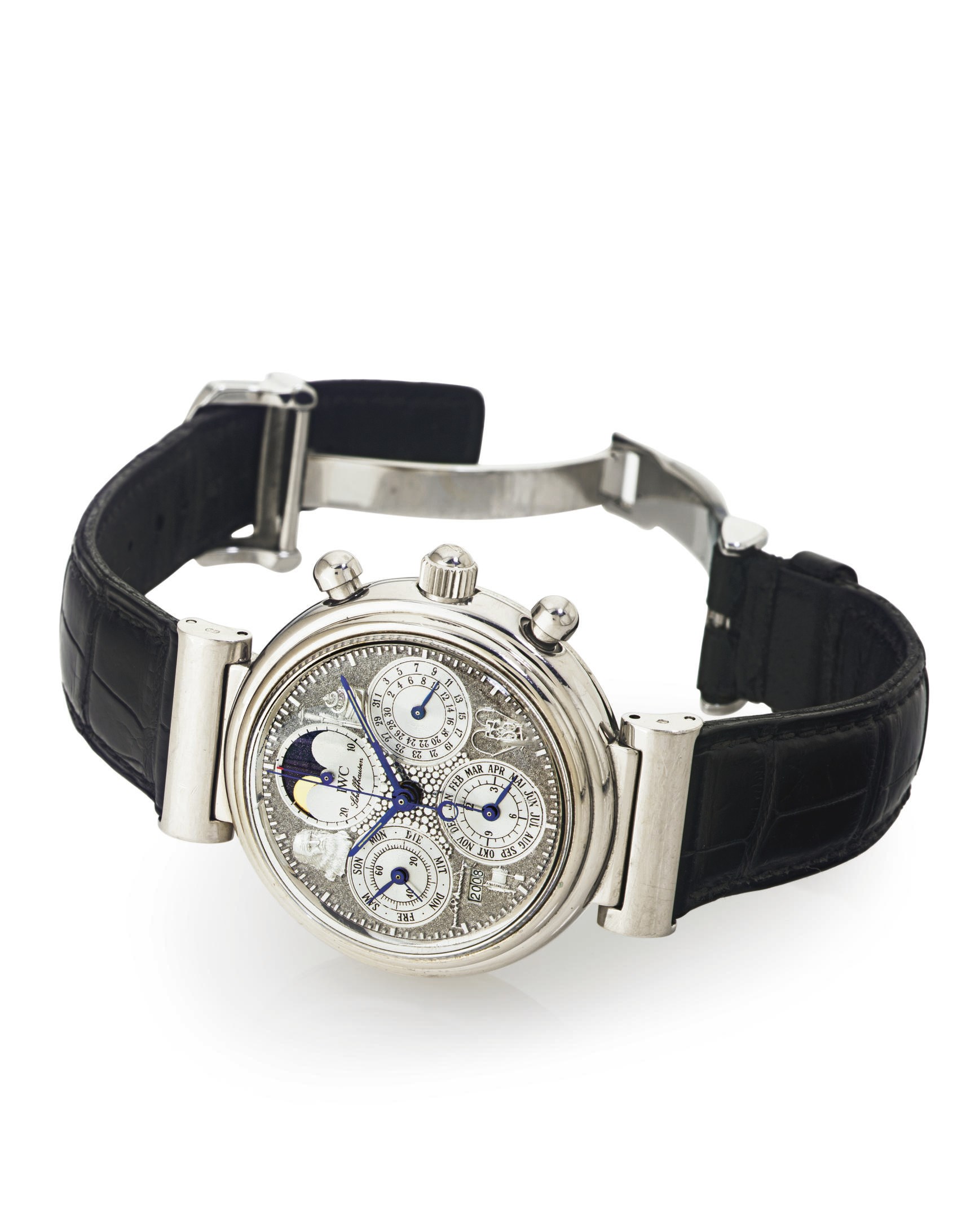 IWC. A FINE LIMITED EDITION 18K WHITE GOLD PERPETUAL CALENDAR TOURBILLON CHRONOGRAPH WRISTWATCH WITH MOON PHASES