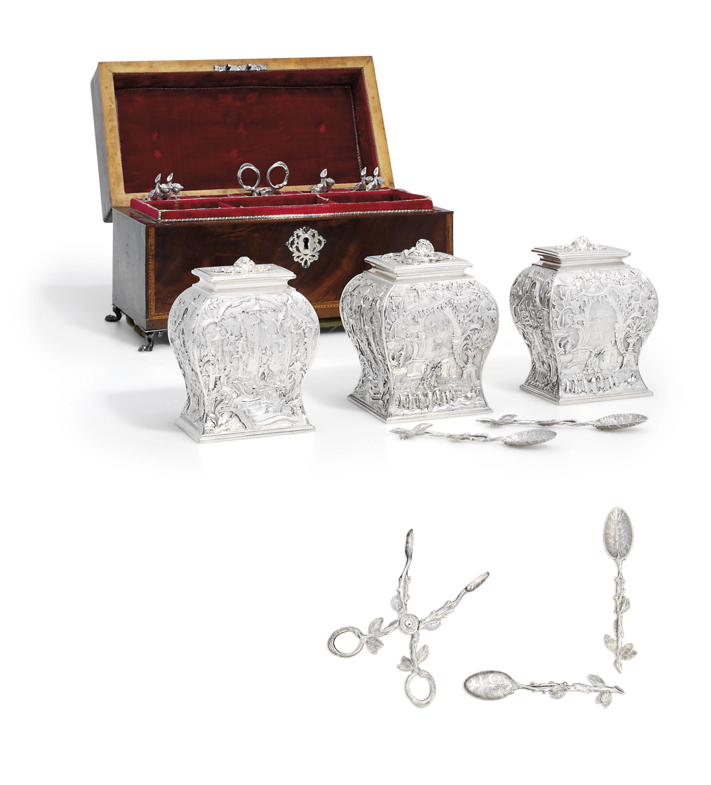 A SET OF THREE GEORGE II SILVER TEA-CADDIES WITH EIGHT TEA-SPOONS AND A PAIR OF SUGAR-TONGS EN SUITE