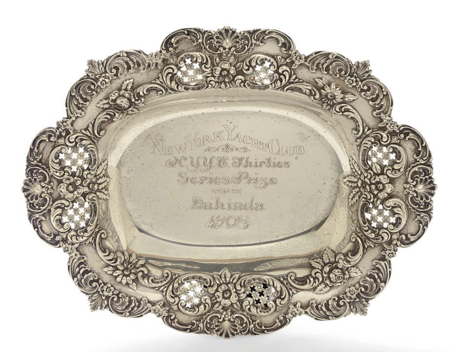 A yachting trophy in the form a serving dish won by the yacht Dahinda