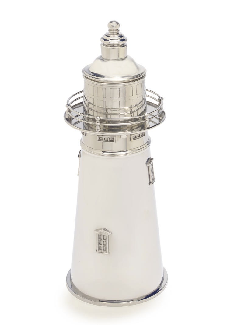 a silver-plated cocktail shaker in the form of Boston lighthouse