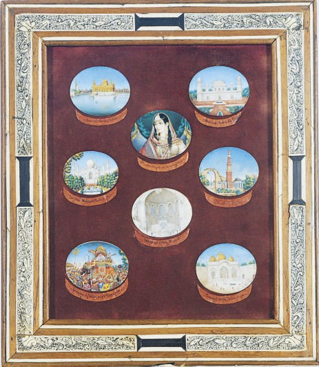 A FRAMED SET OF SEVEN INDIAN MINIATURE PAINTINGS ON CARD,