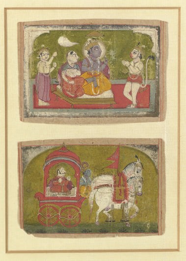 TWO INDIAN MANUSCRIPT PAINTINGS FROM THE RAMAYANA AND THE MAHABHARATHA,