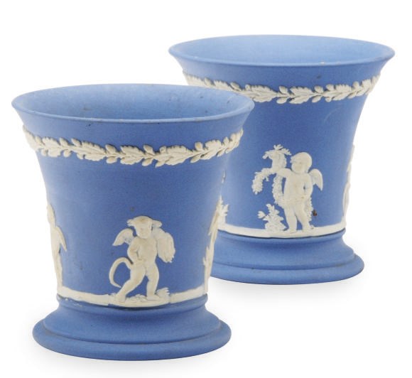TWO ENGLISH BLUE JASPERWARE BUD VASES AND A MINATURE FLOWER POT WITH UNDERPLATE,