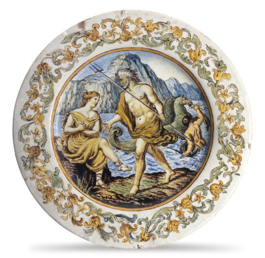 A CONTINENTAL TIN GLAZED EARTHENWARE CHARGER IN THE CASTELLI STYLE,