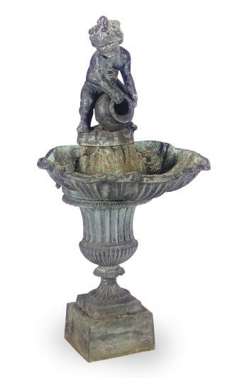 A PATINATED METAL FIGURAL FOUNTAIN BASIN,
