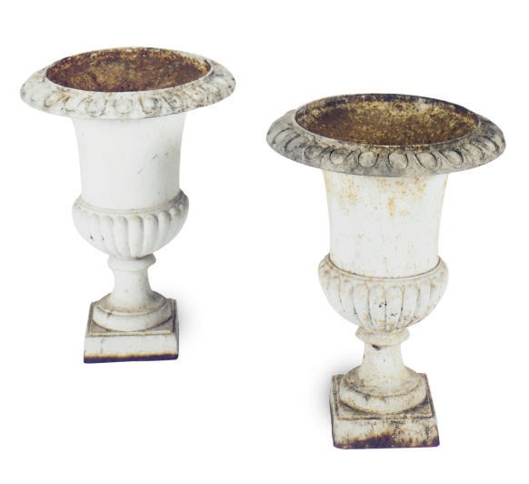 A PAIR OF PAINTED CAST-IRON GARDEN URNS,