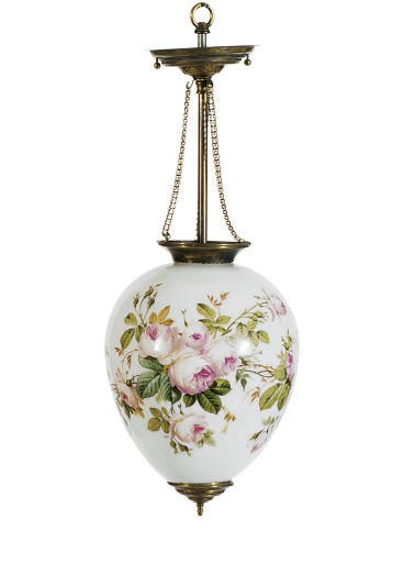 A PAINTED GLASS HANGING LANTERN,