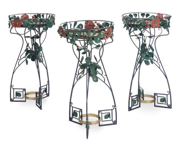 THREE PAINTED AND PARCEL-GILT IRON JARDINIERES,