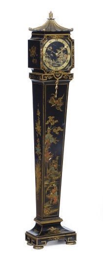 A BLACK AND GILT-JAPANNED DIMINUTIVE TALL CASE CLOCK,