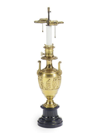 A GILT-METAL AND SLATE TABLE LAMP,