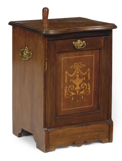 A VICTORIAN MAHOGANY AND MARQUETRY COAL SCUTTLE,