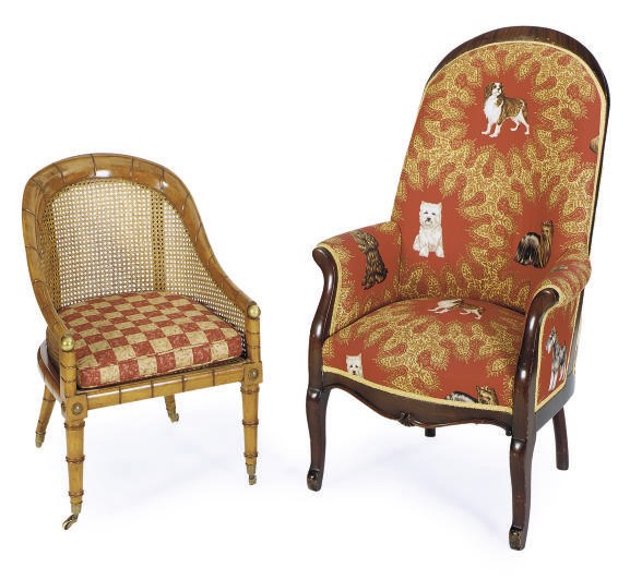 A BRASS-MOUNTED FRUITWOOD AND CANED BERGERE,