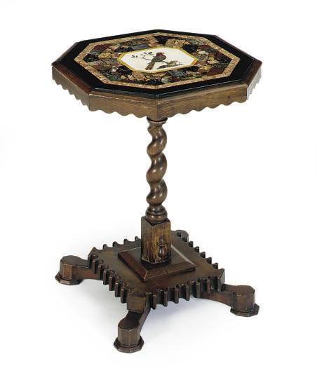 A NORTH EUROPEAN OAK, SPECIMEN MARBLE AND SCAGLIOLA-TOP SIDE TABLE,