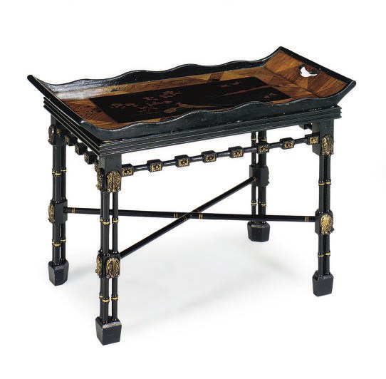 A JAPANESE LACQUER-INSET PARQUETRY TOP ON LATER EBONIZED AND PARCEL-GILT STAND,