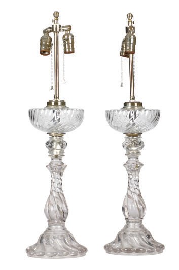 A PAIR OF MOLDED GLASS TABLE LAMPS,