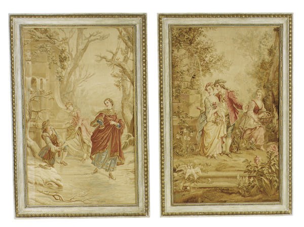 TWO FRAMED FRENCH AUBUSSON TAPESTRY PANELS,
