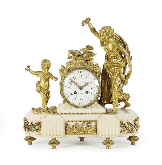 A FRENCH ORMOLU AND MARBLE FIGURAL MANTELCLOCK,