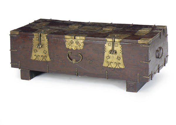 A KOREAN BRASS-BOUND HARDWOOD LOW CHEST,