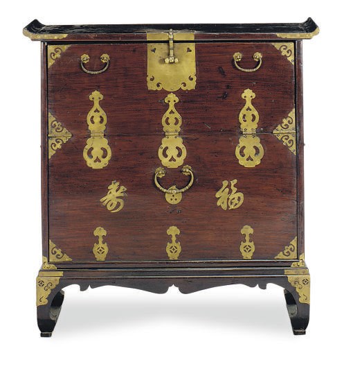 A KOREAN BRASS-BOUND HARDWOOD FALL-FRONT CHEST,
