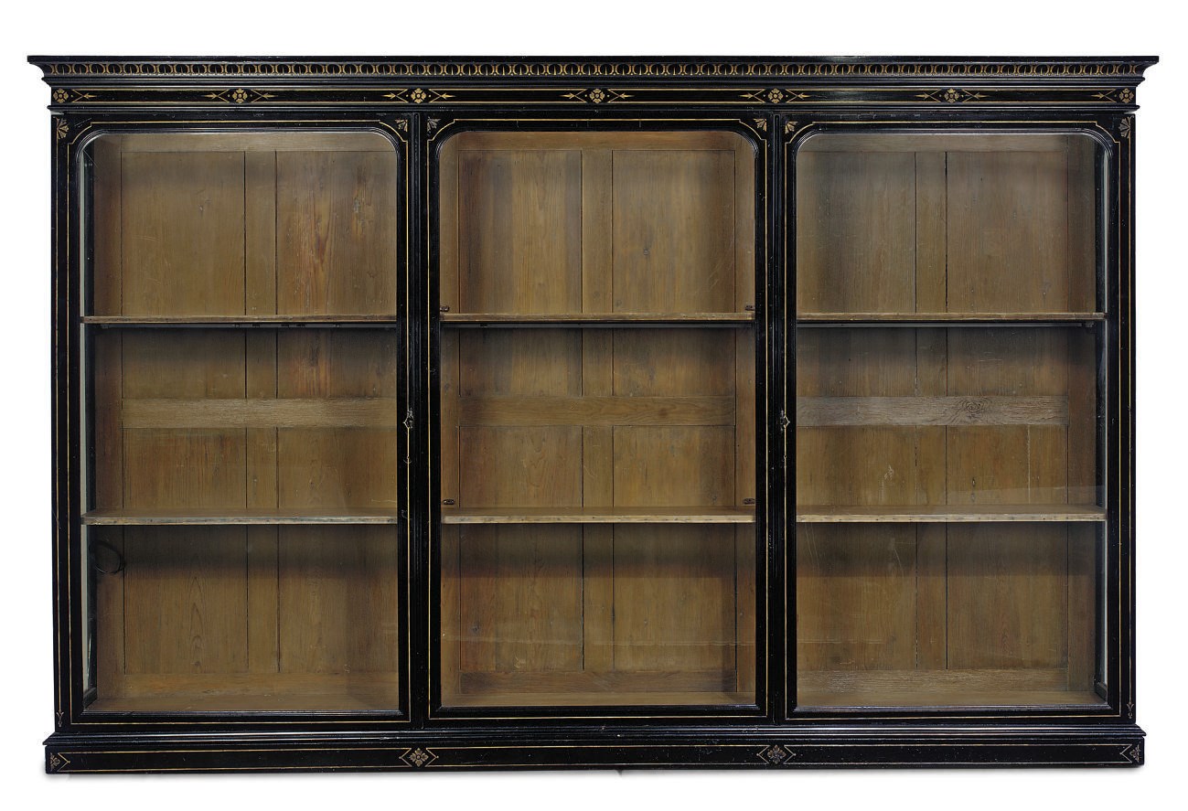 A VICTORIAN EBONISED AND PARCEL-GILT GLASS VITRINE CABINET