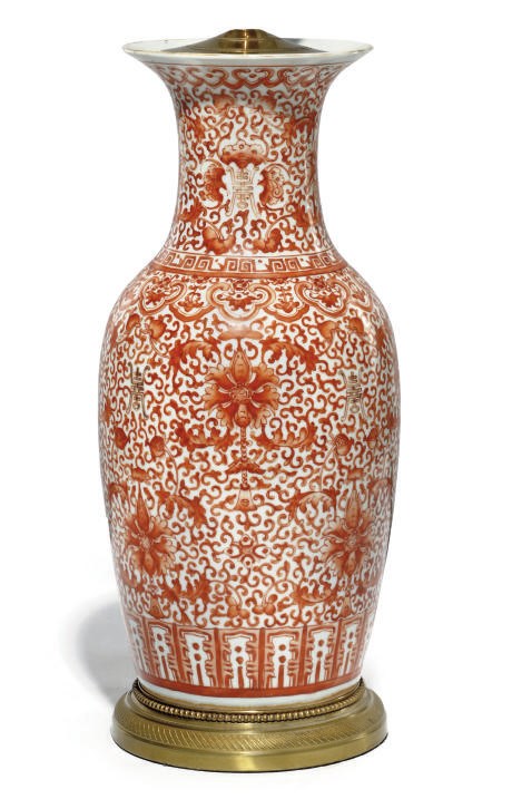 A CHINESE IRON-RED DECORATED LAMPED BALUSTER VASE