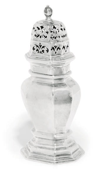 A GEORGE I OCTAGONAL SILVER SUGAR CASTER