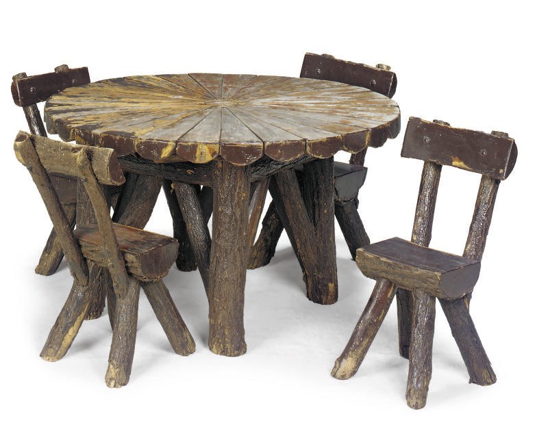 A PAINTED WOOD 'NATURALISTIC' CENTRE TABLE AND FOUR MATCHING CHAIRS