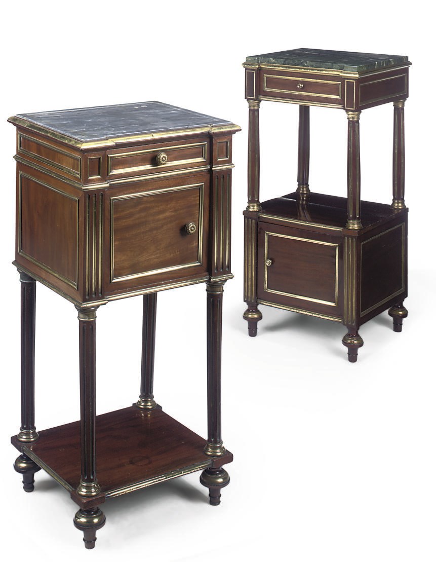 TWO FRENCH MAHOGANY GILT-METAL MOUNTED BEDSIDE TABLES