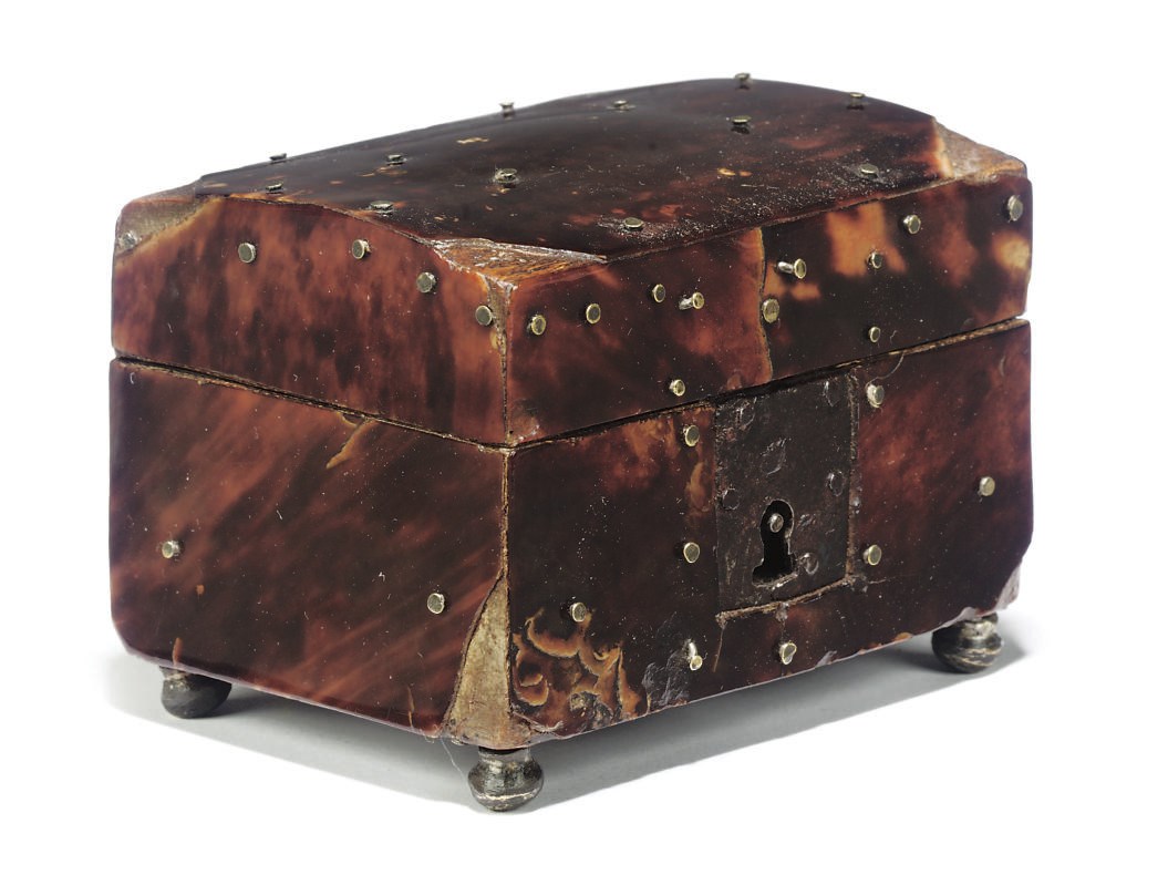 A TORTOISESHELL AND IRON MOUNTED CASKET