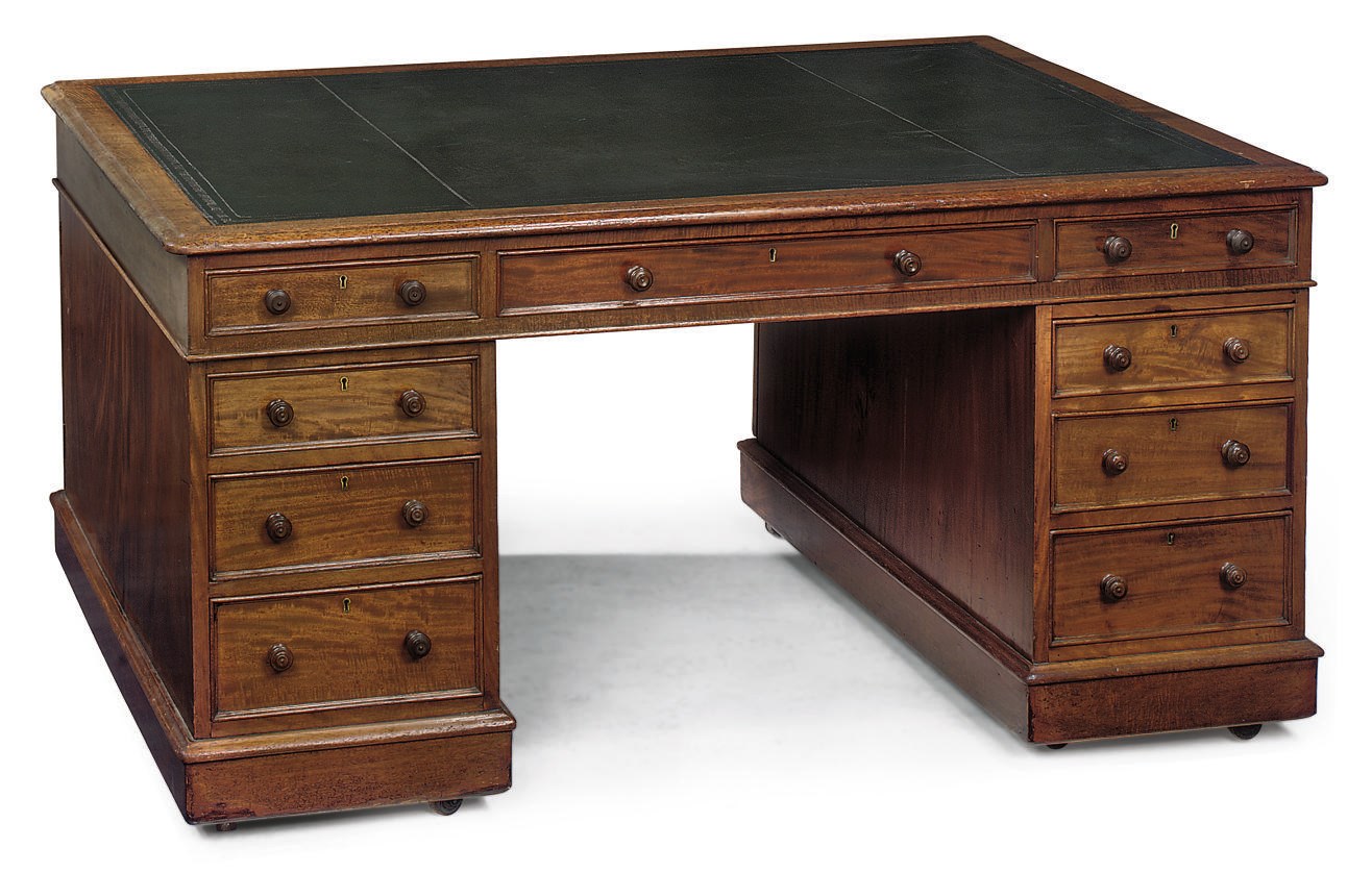 A LATE VICTORIAN MAHOGANY PARTNER'S PEDESTAL DESK