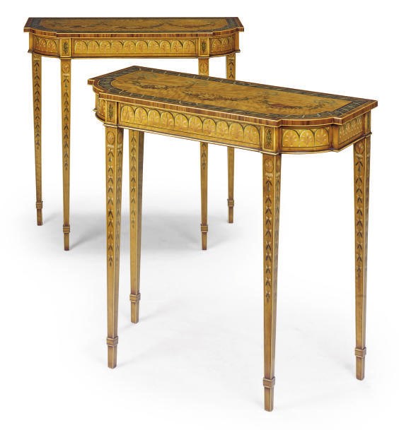 A PAIR OF POLYCHROME-DECORATED SATINWOOD AND CROSSBANDED PIER TABLES