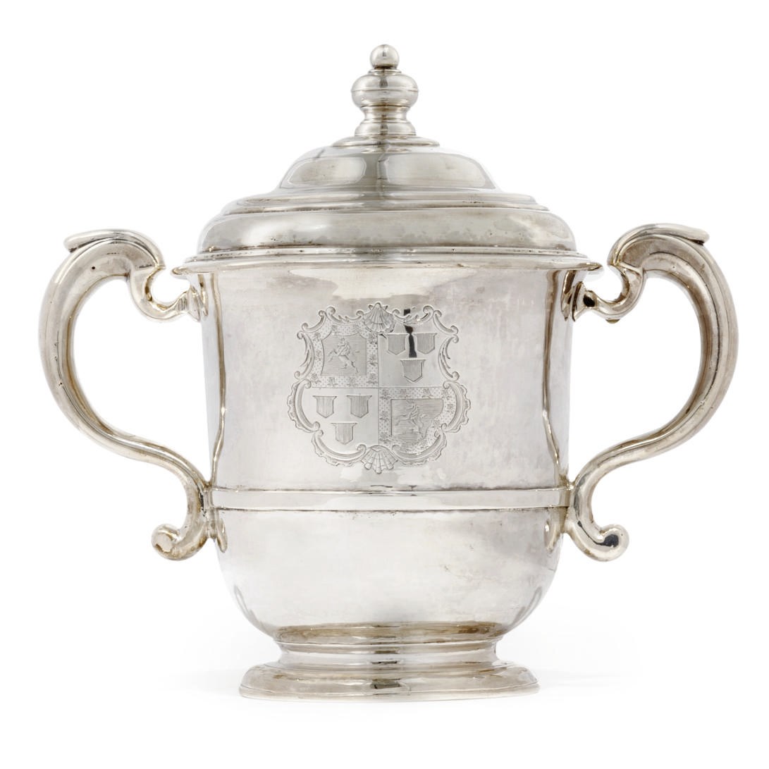 A QUEEN ANNE SILVER TWO-HANDLED CUP AND COVER