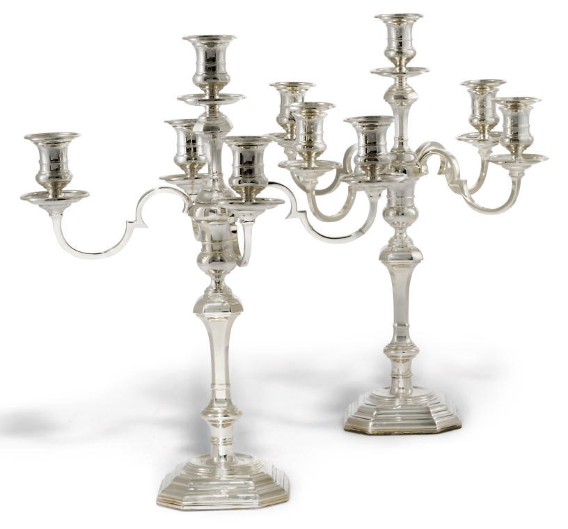 A PAIR OF MODERN SILVER FIVE-LIGHT CANDELABRA