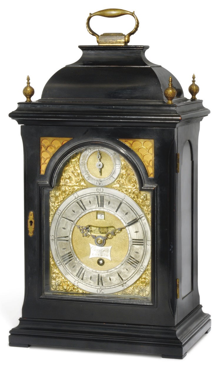 A GEORGE II EBONISED TIMEPIECE TABLE CLOCK WITH PULL QUARTER REPEAT