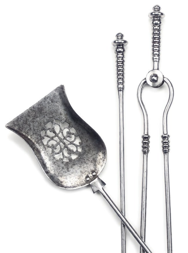 A SET OF THREE EARLY VICTORIAN STEEL FIRE IRONS
