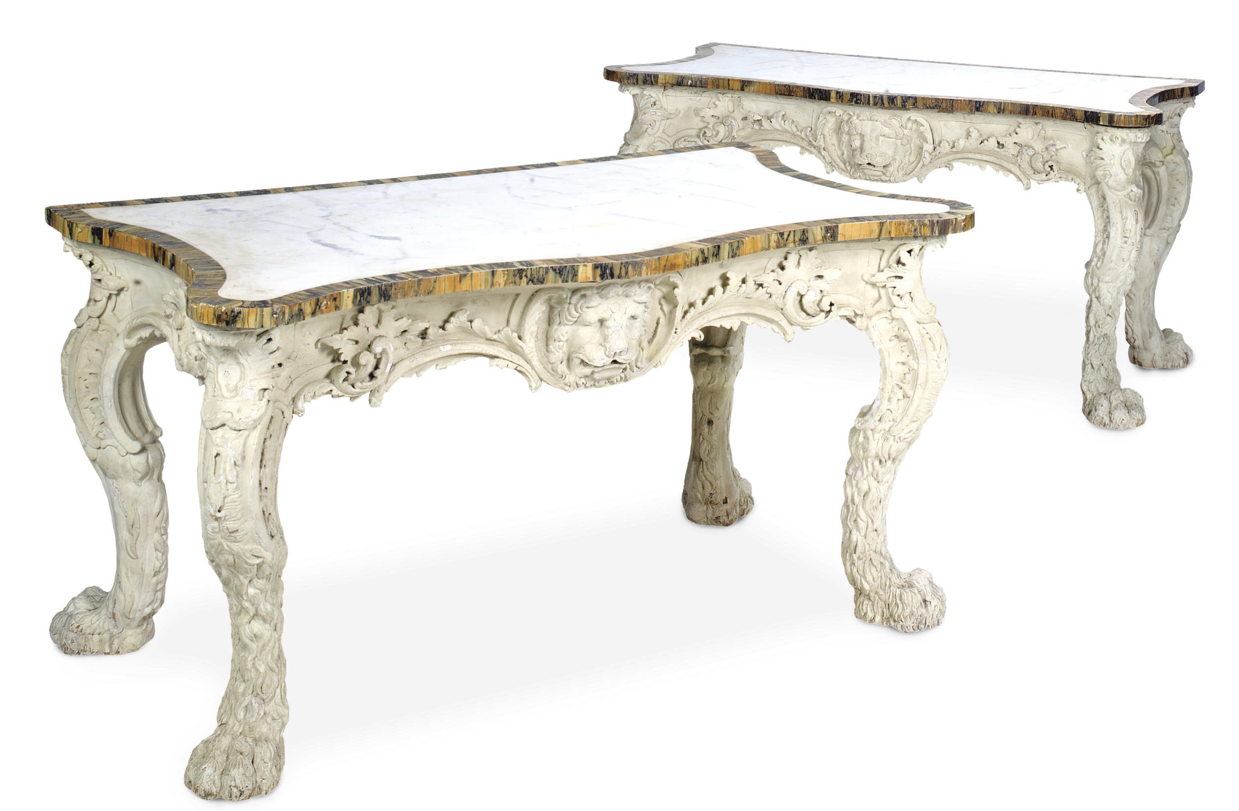 A PAIR OF CARVED WHITE-PAINTED PINE SERPENTINE SIDE TABLES