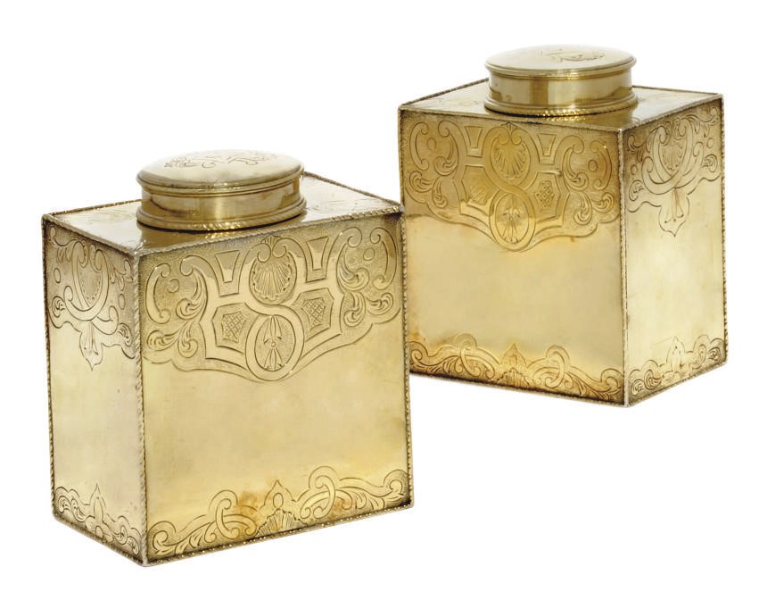 A PAIR OF GEORGE III SILVER-GILT TEA CADDIES