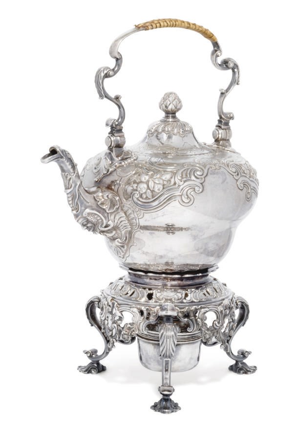 A GEORGE II SILVER KETTLE-ON-STAND