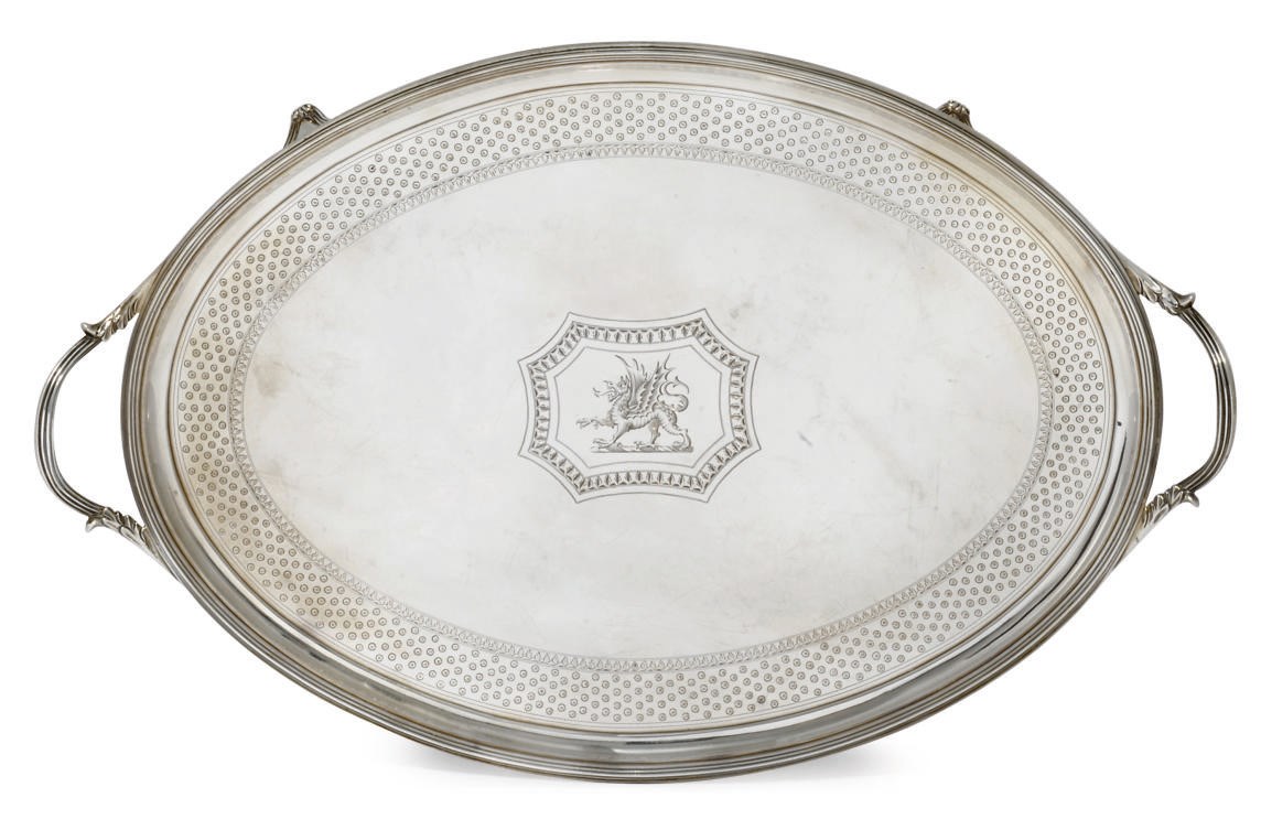 A GEORGE III OVAL TWO-HANDLED SILVER TRAY