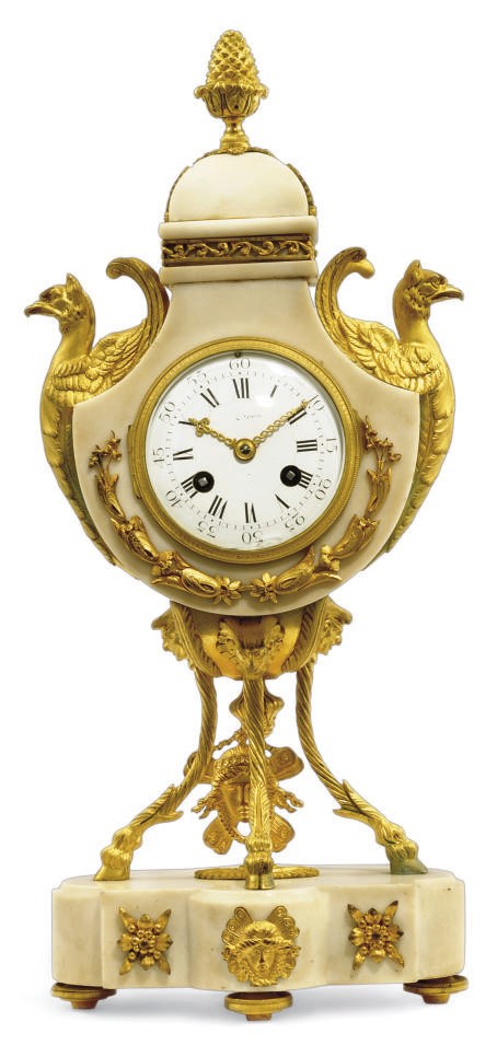 A French ormolu-mounted white marble striking eight day mantel clock