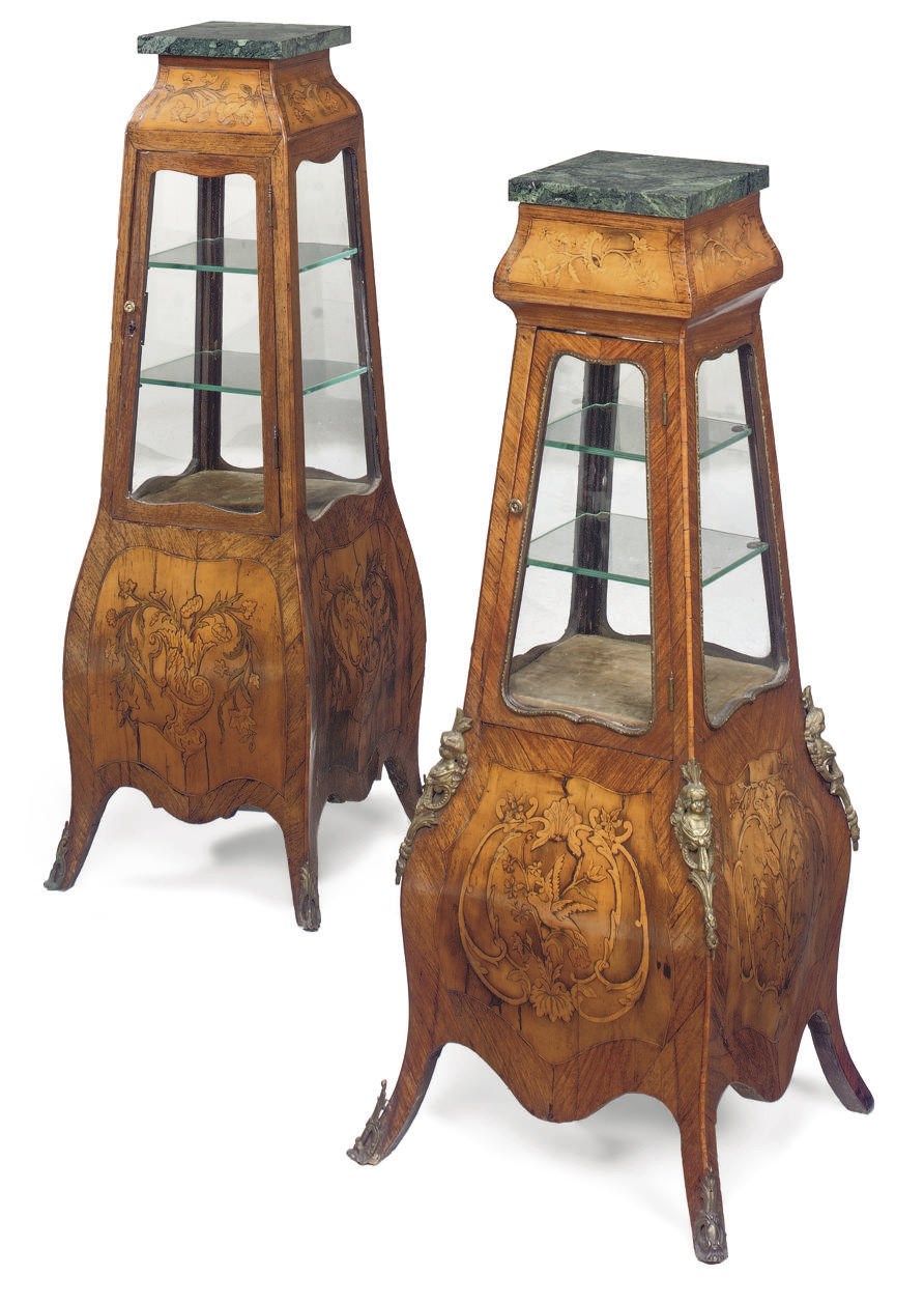 A MATCHED PAIR OF FRENCH KINGWOOD FLORAL MARQUETRY VITRINE CABINETS