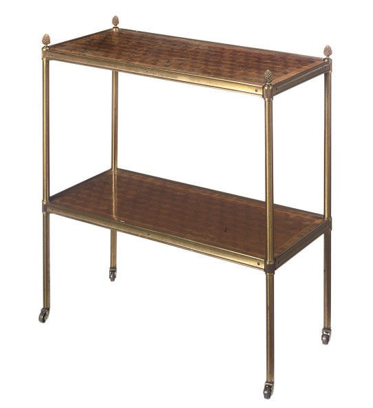 A GILT-METAL MOUNTED MAHOGANY PARQUETRY TWO-TIER ETAGERE