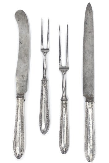 A PART SET OF GEORGE III TABLE KNIVES AND FORKS WITH SILVER HANDLES AND STEEL BLADES/TINES