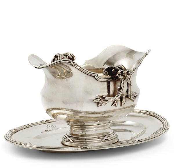 A GOOD FRENCH SILVER DOUBLE-LIPPED SAUCEBOAT ON STAND