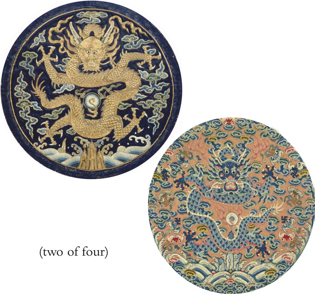 FOUR IMPERIAL SILK DRAGON ROUNDELS