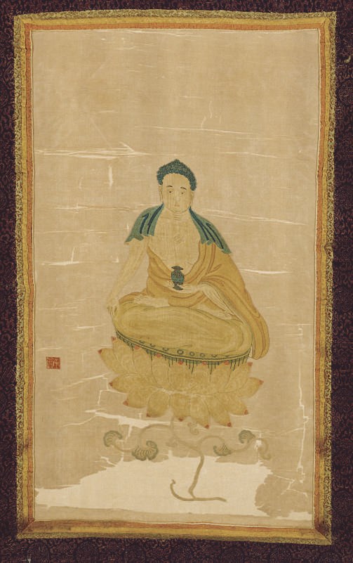 A RARE AND VERY FINELY EMBROIDERED THANGKA OF AMITAYUS BUDDHA