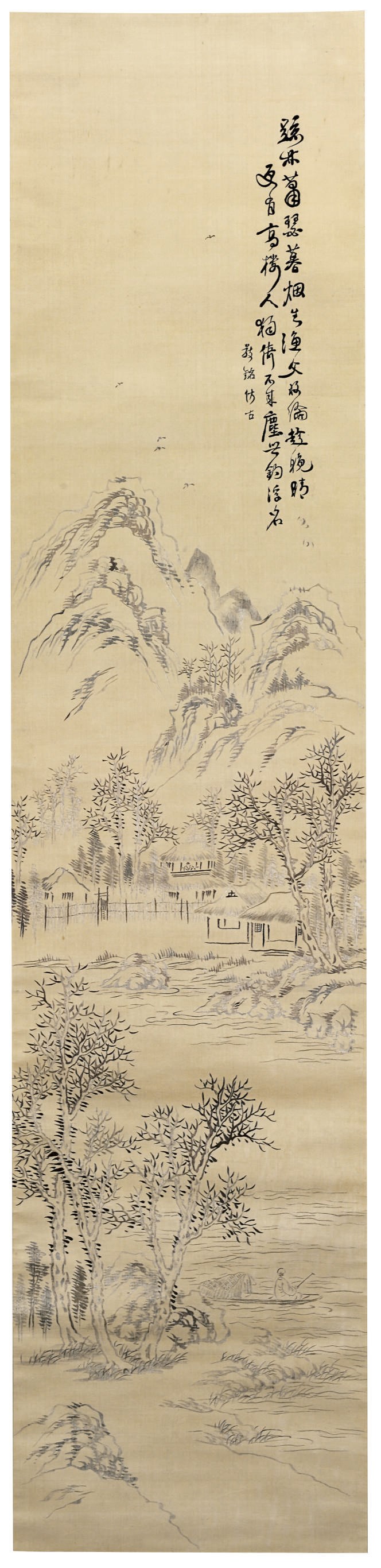 AN EMBROIDERED LANDSCAPE HANGING SCROLL